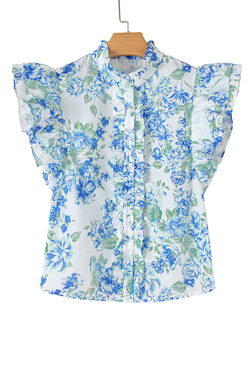 Sky Blue Floral Print Ruffle Sleeve Frill Shirt