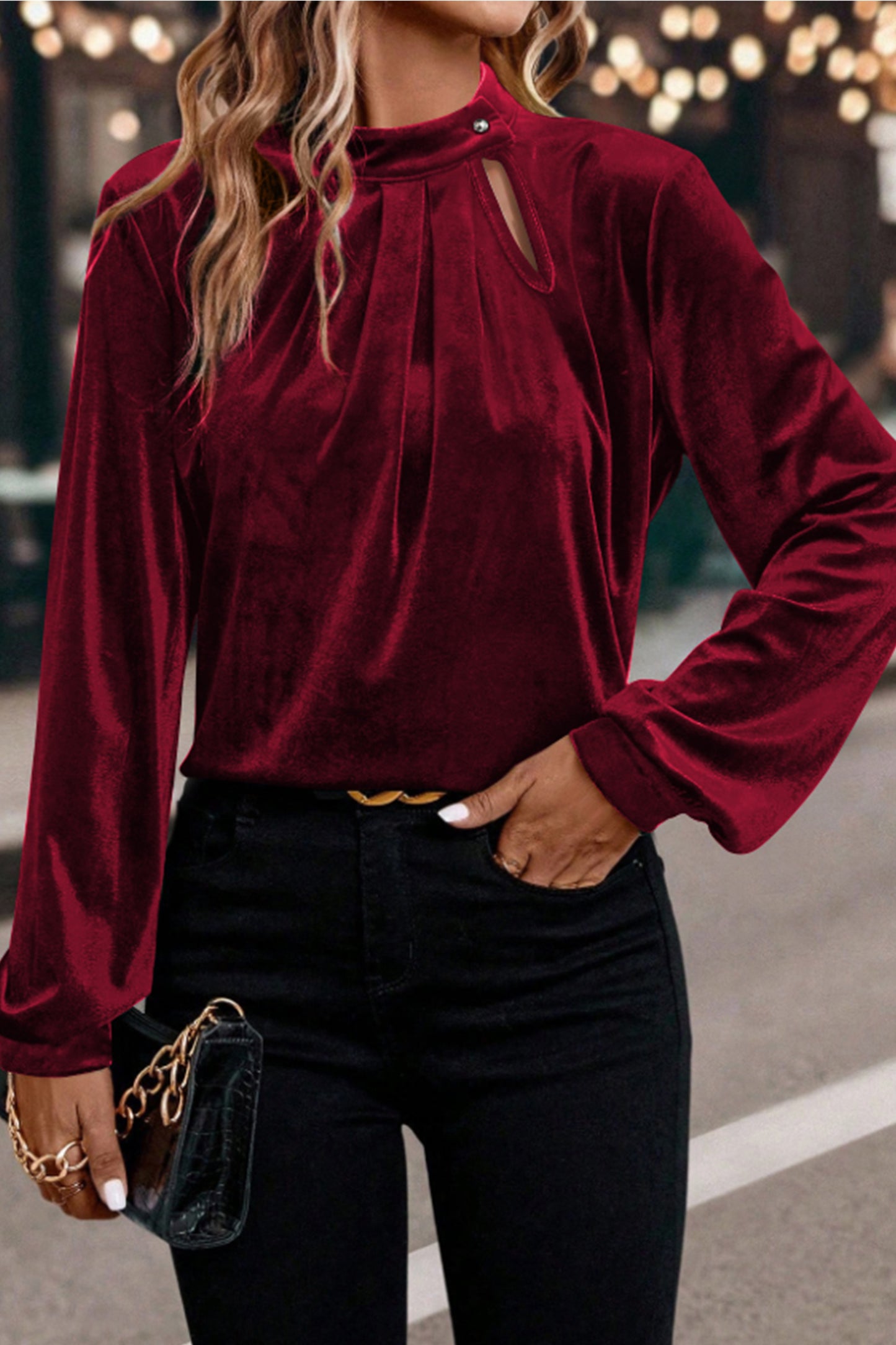 Evergreen Asymmetric Button Keyhole Neck Long Sleeve Velvet Blouse