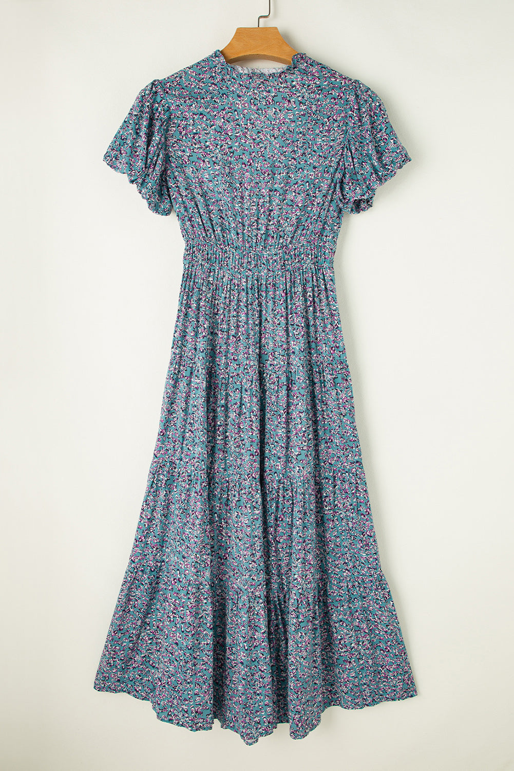 Olivia Blue Abstract Print Split V Neck Shirred High Waist Maxi Dress