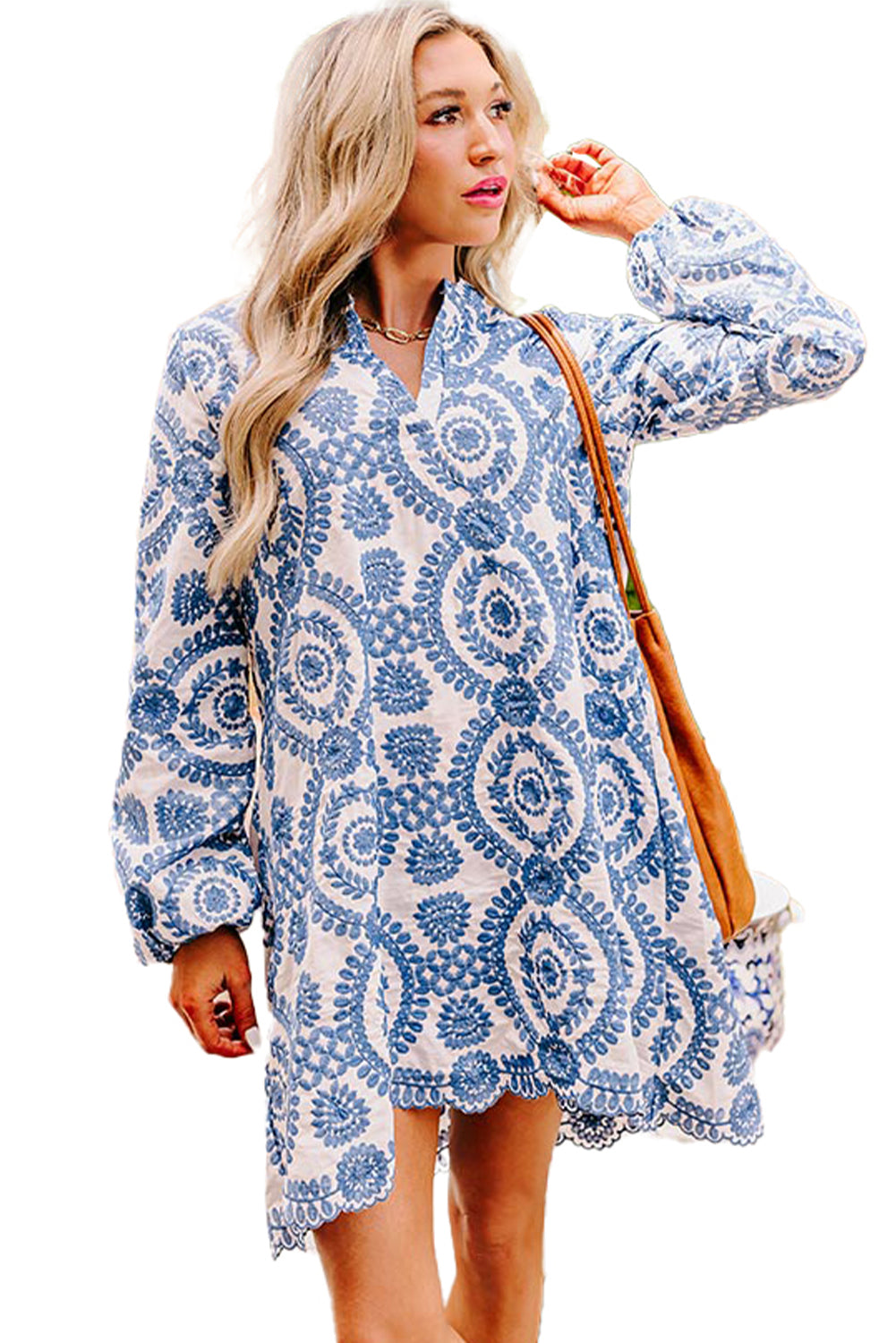 Annie Blue Boho Floral Embroidered Notch V Neck Mini Dress
