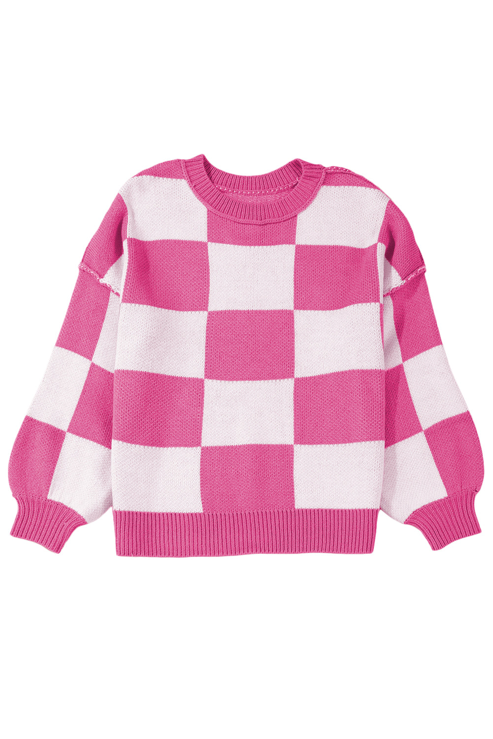 Dark Brown Plaid Bishop Sleeve Pullover Sweater