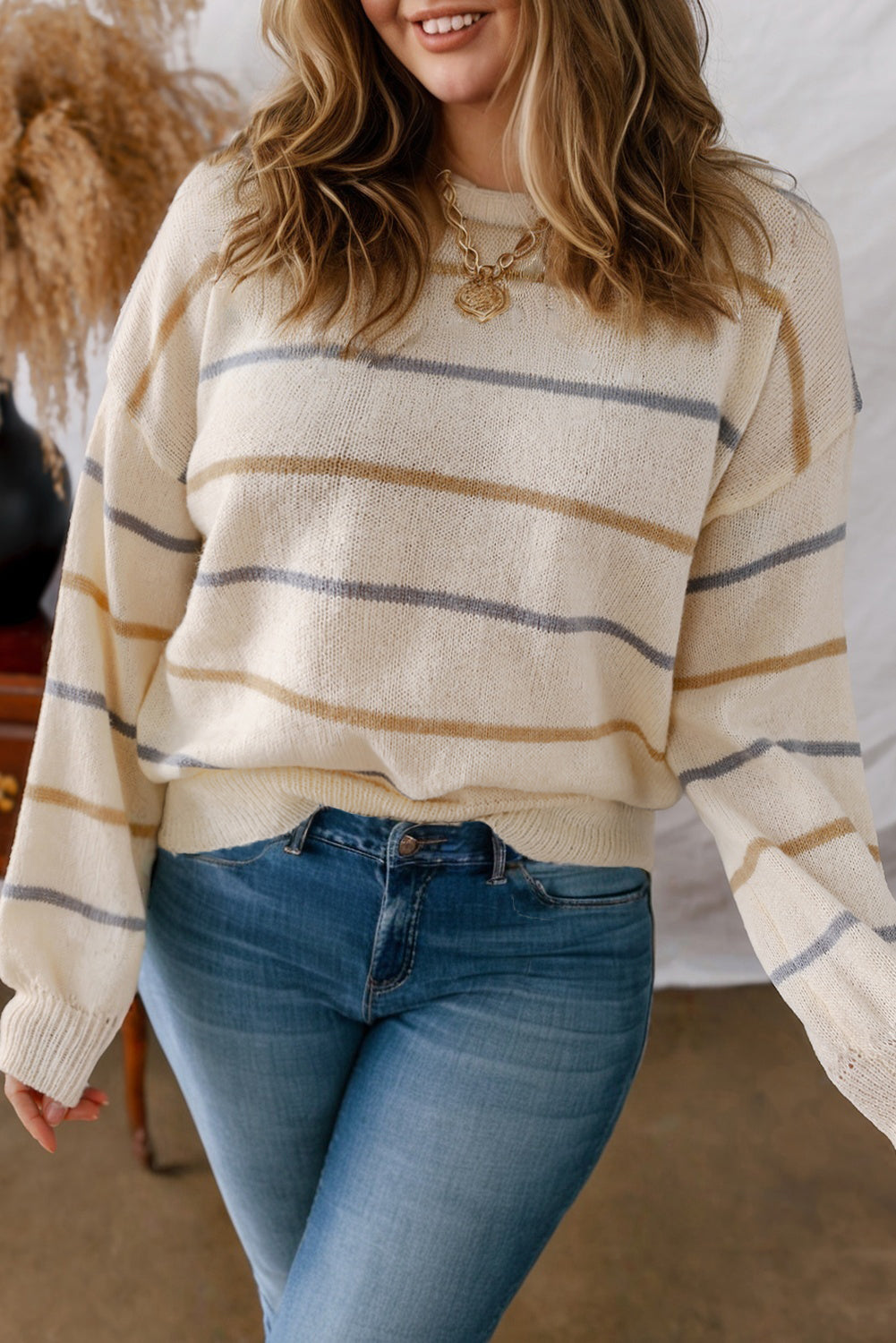 Annie Striped Drop Shoulder Plus Size Sweater
