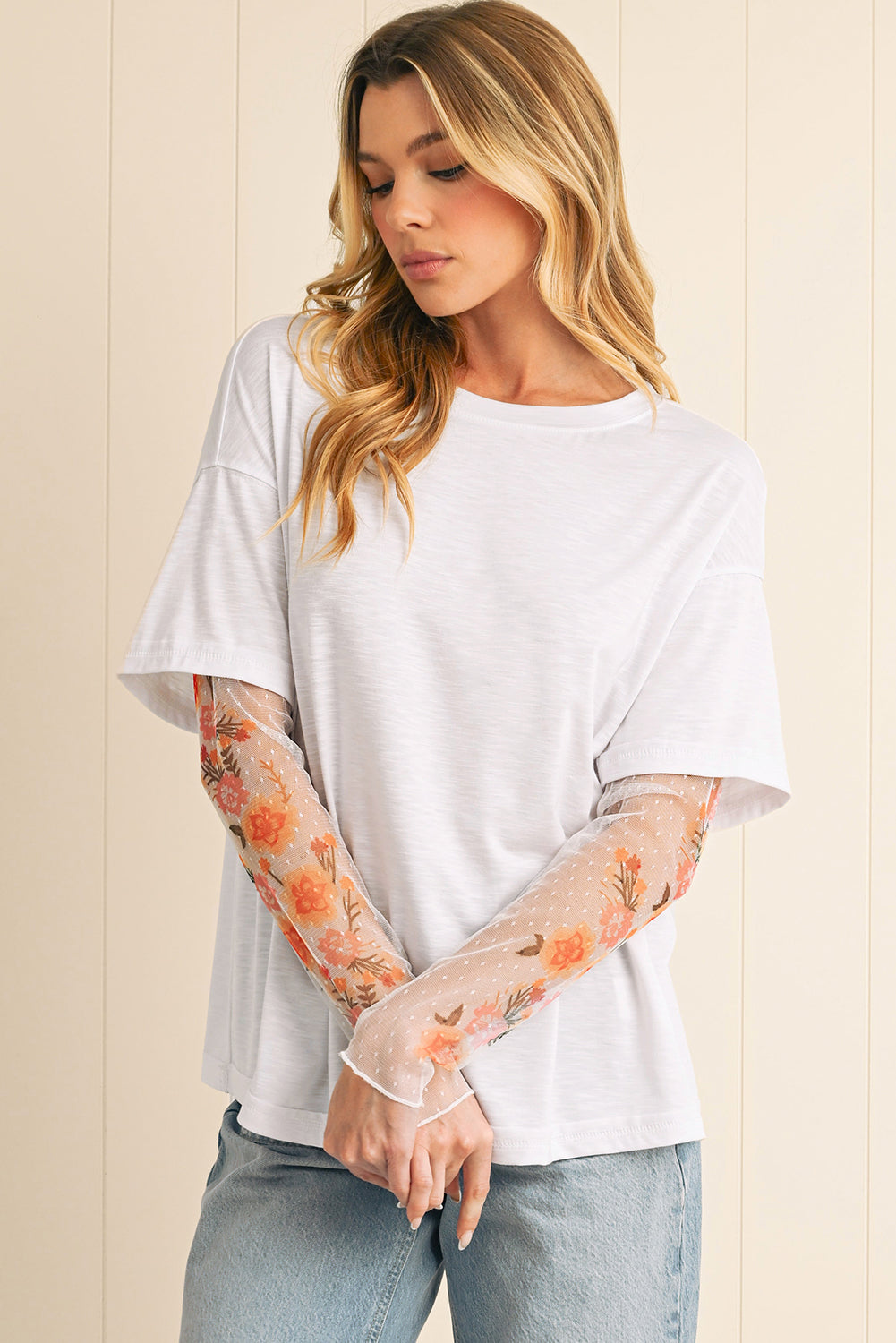 Black Floral Mesh Sleeve Fake Two-Piece Top