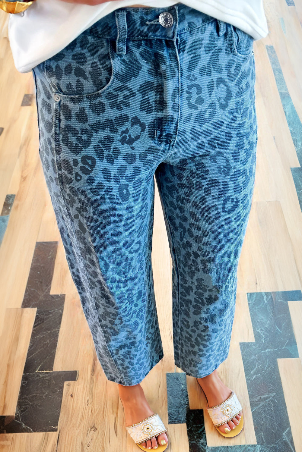 Khaki Leopard Print Straight Loose Jeans
