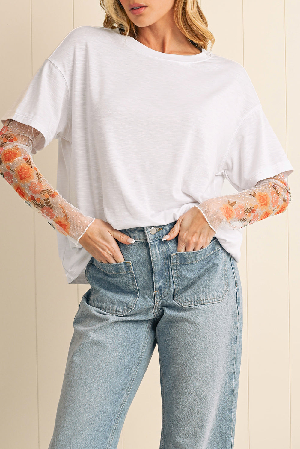 Black Floral Mesh Sleeve Fake Two-Piece Top