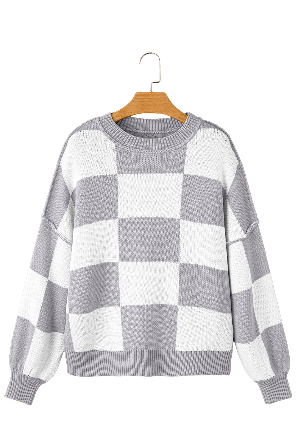 Dark Brown Plaid Bishop Sleeve Pullover Sweater