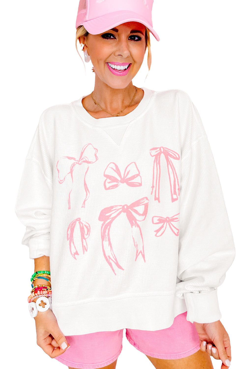 White Bowknot Pattern Drop Shoulder Crinkle Rib Top