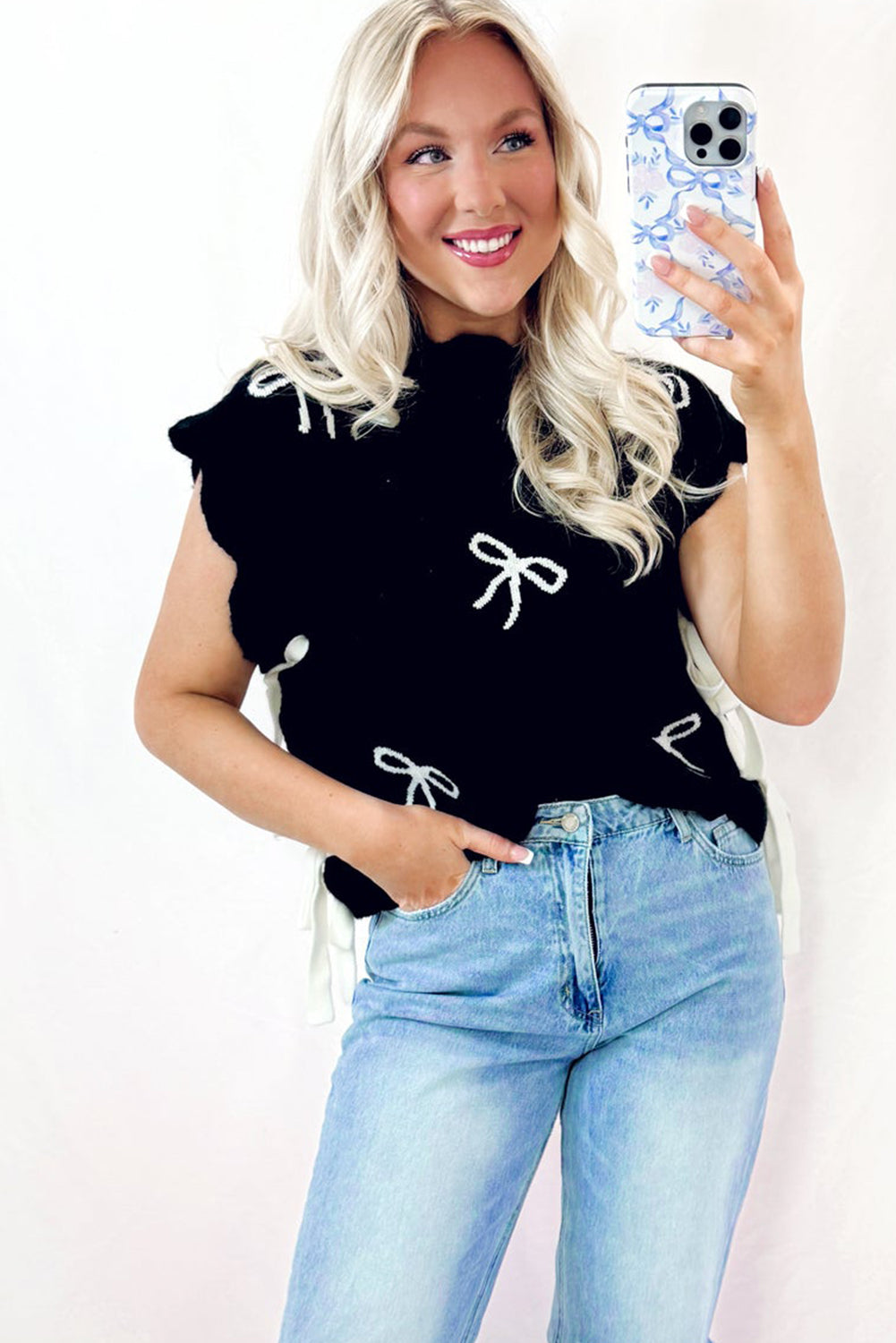 Black Bow Print Side Tie Scalloped Hem Knit Top