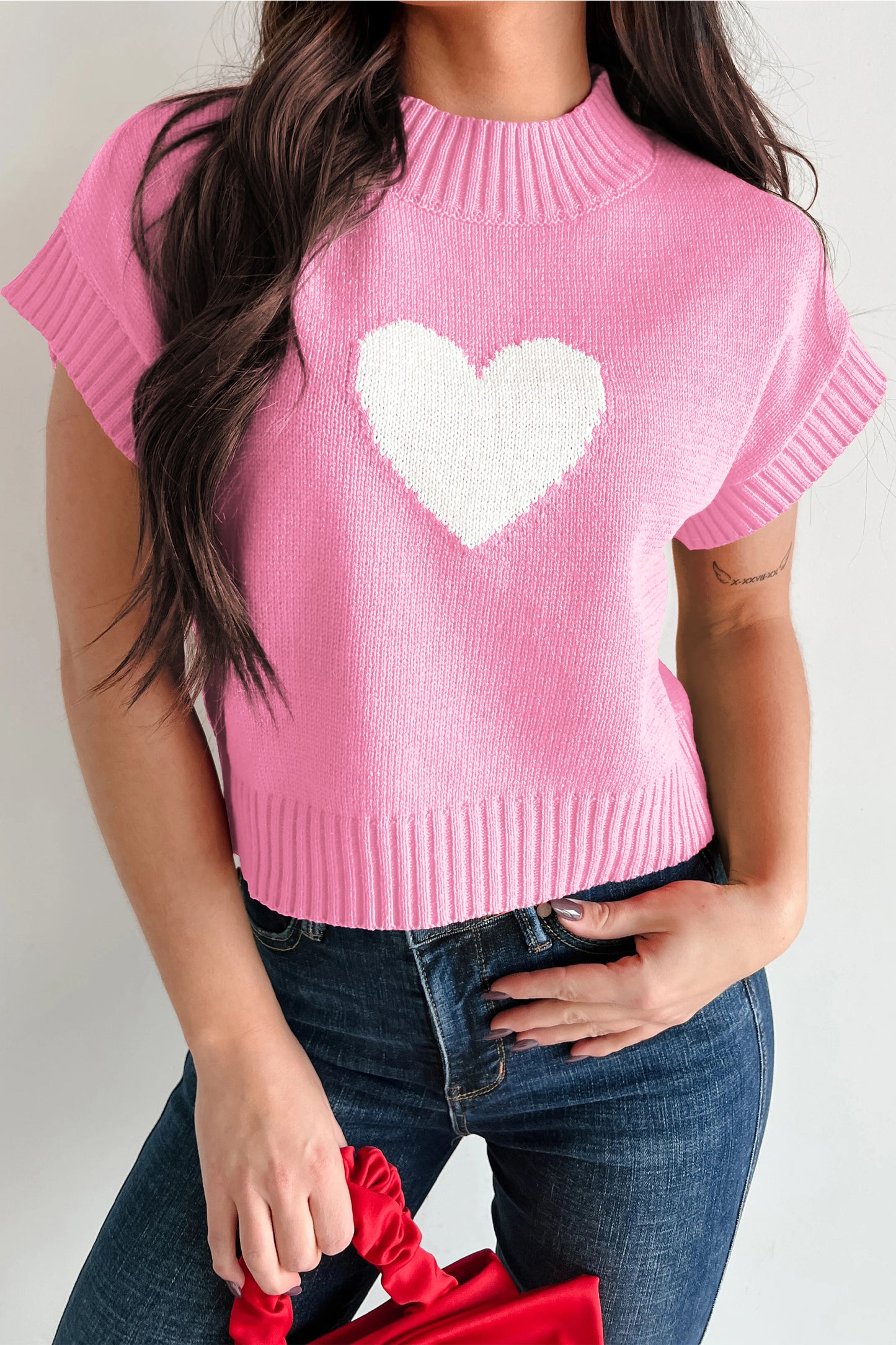 Fiery Red Valentine Heart Graphic Cropped Short Sleeve Sweater