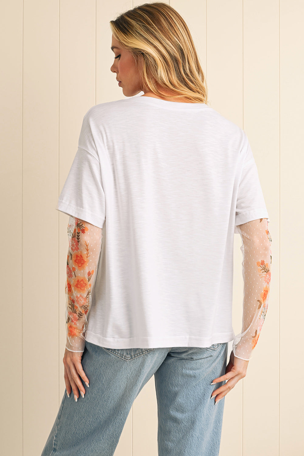 Black Floral Mesh Sleeve Fake Two-Piece Top