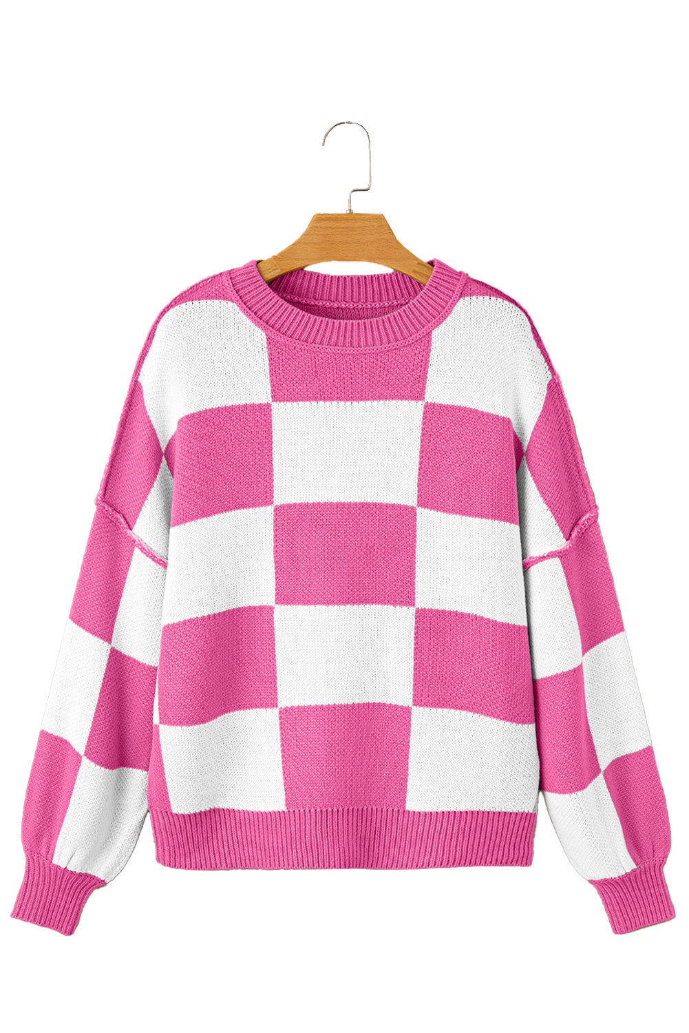 Dark Brown Plaid Bishop Sleeve Pullover Sweater