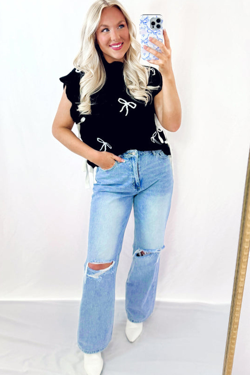 Black Bow Print Side Tie Scalloped Hem Knit Top