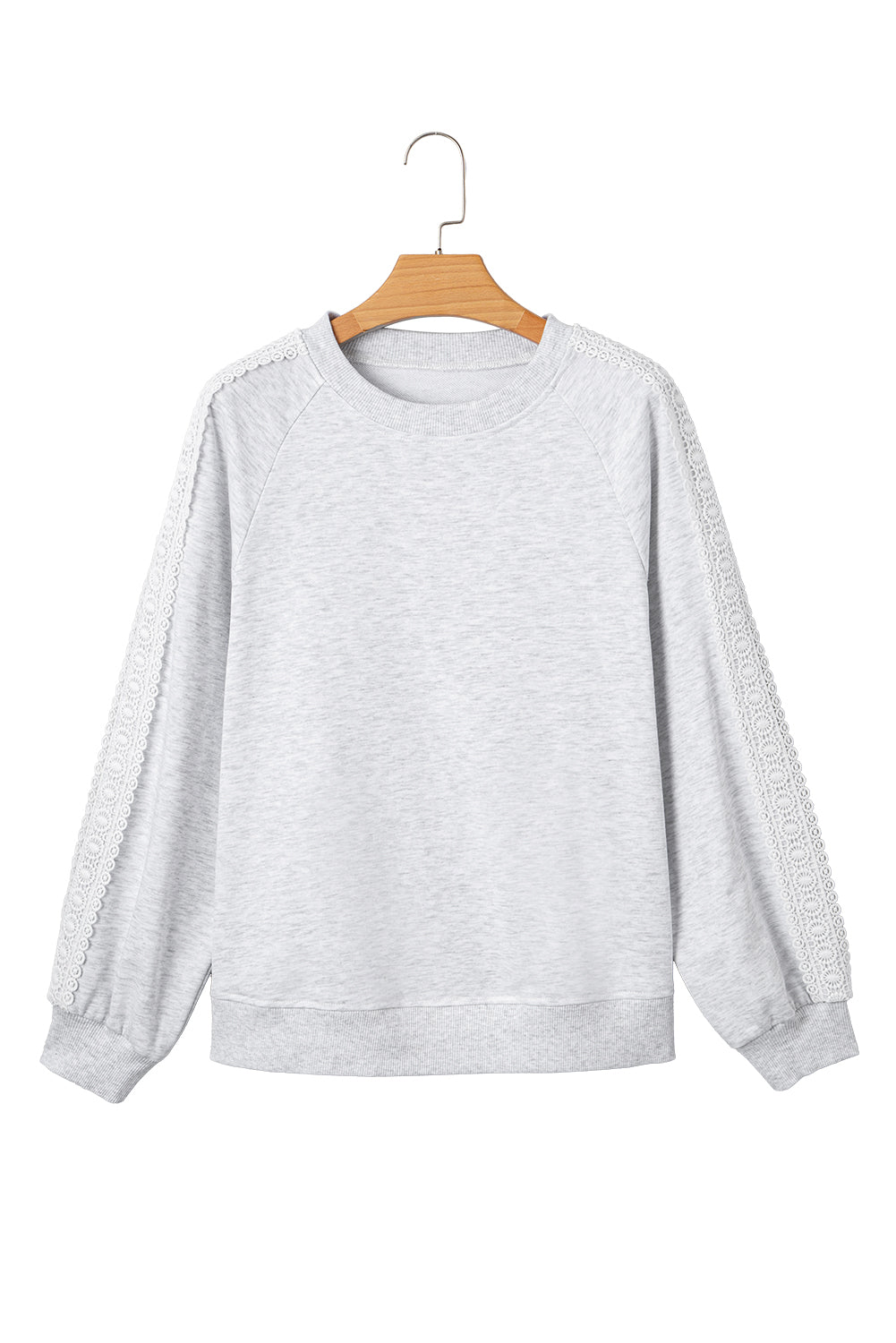 Light Grey Lace Applique Raglan Sleeve Crew Neck Sweatshirt
