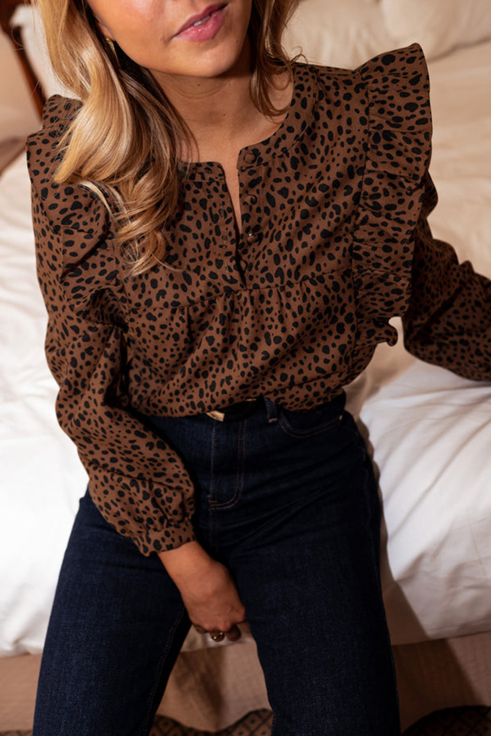 Becca Leopard Print Ruffle Puff Sleeve Blouse
