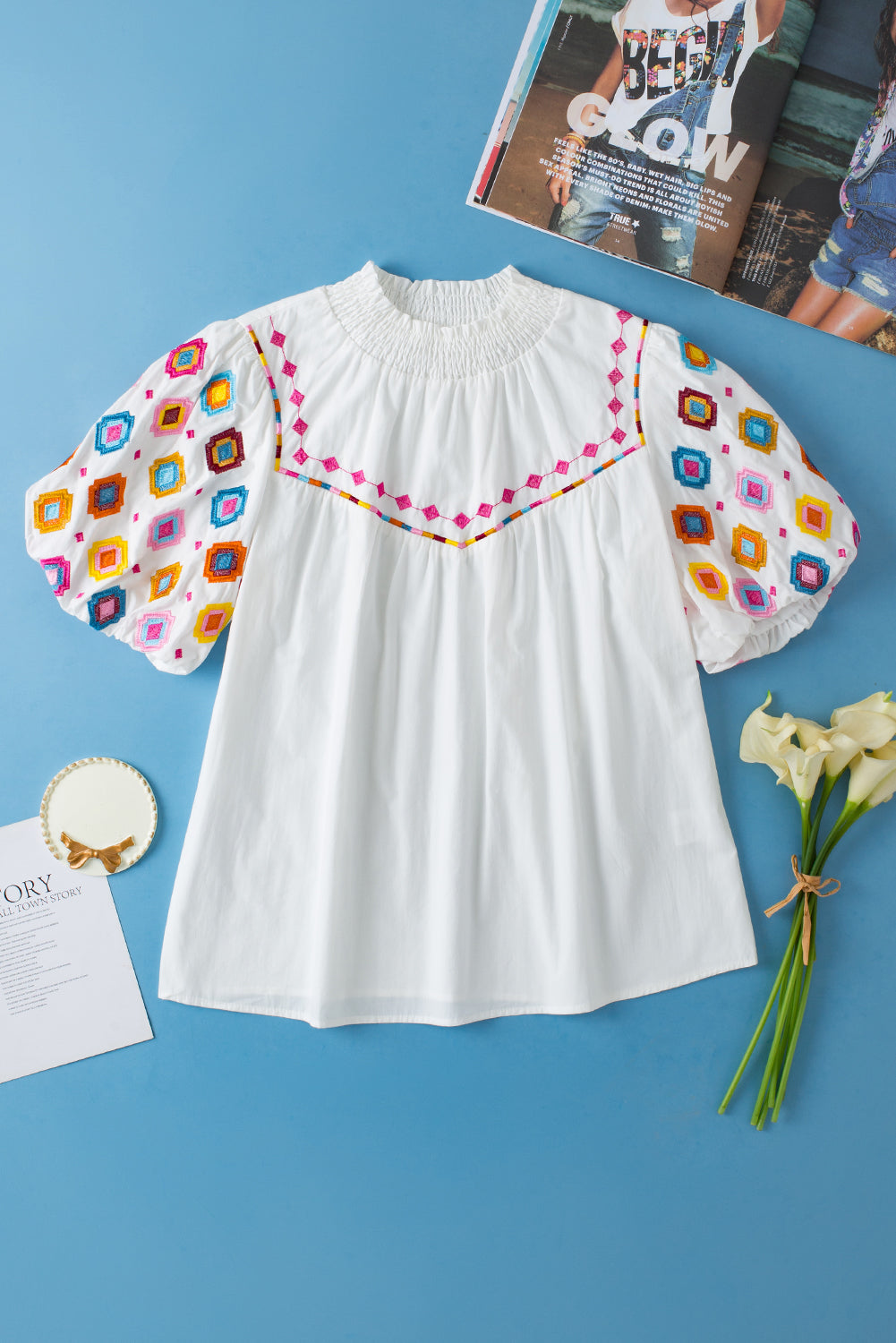 Wholesale Black Geometric Embroidered Smocked Neck Puff Sleeve Top
