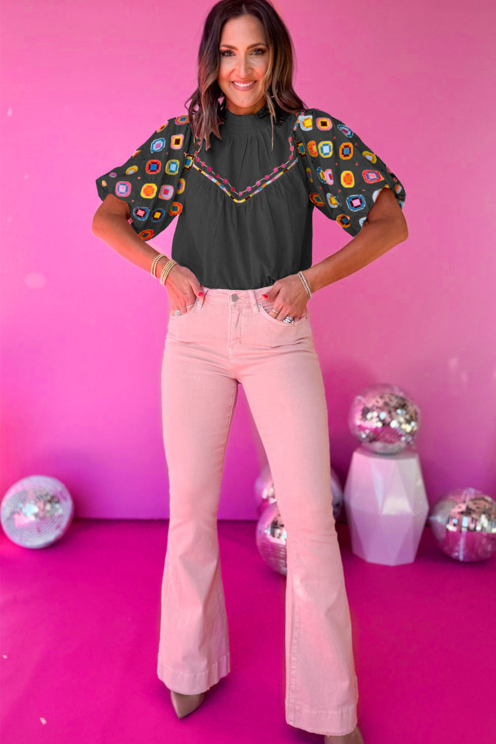 Wholesale Black Geometric Embroidered Smocked Neck Puff Sleeve Top