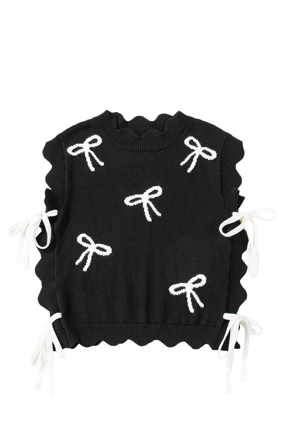 Black Bow Print Side Tie Scalloped Hem Knit Top