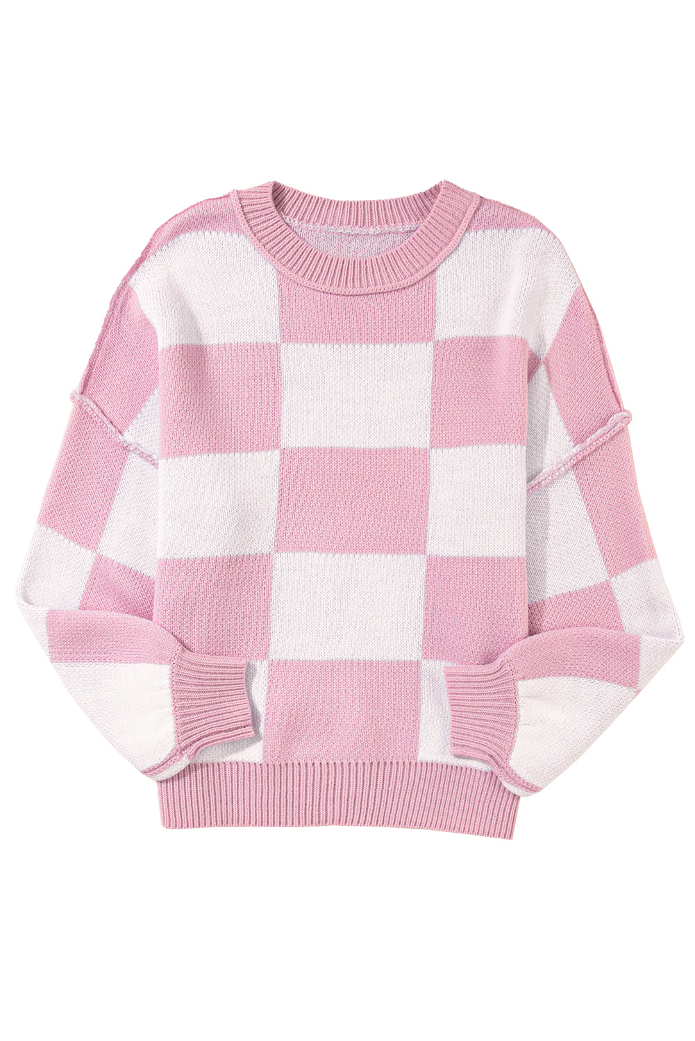 Dark Brown Plaid Bishop Sleeve Pullover Sweater