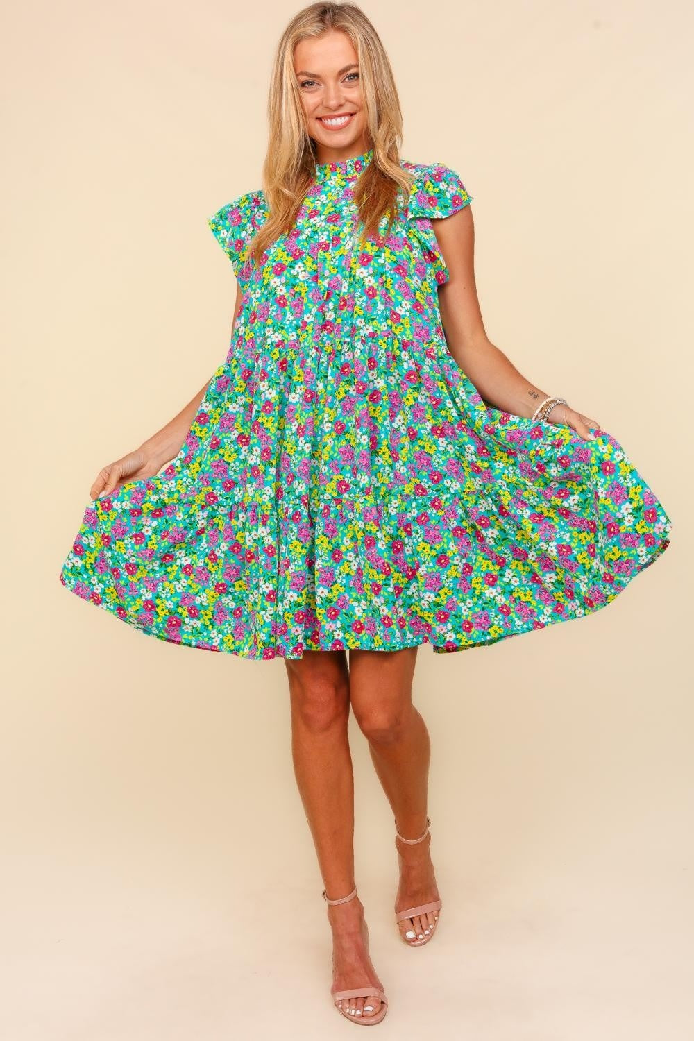 Berry Haptics Frilled Mock Neck Ditsy Floral Dress