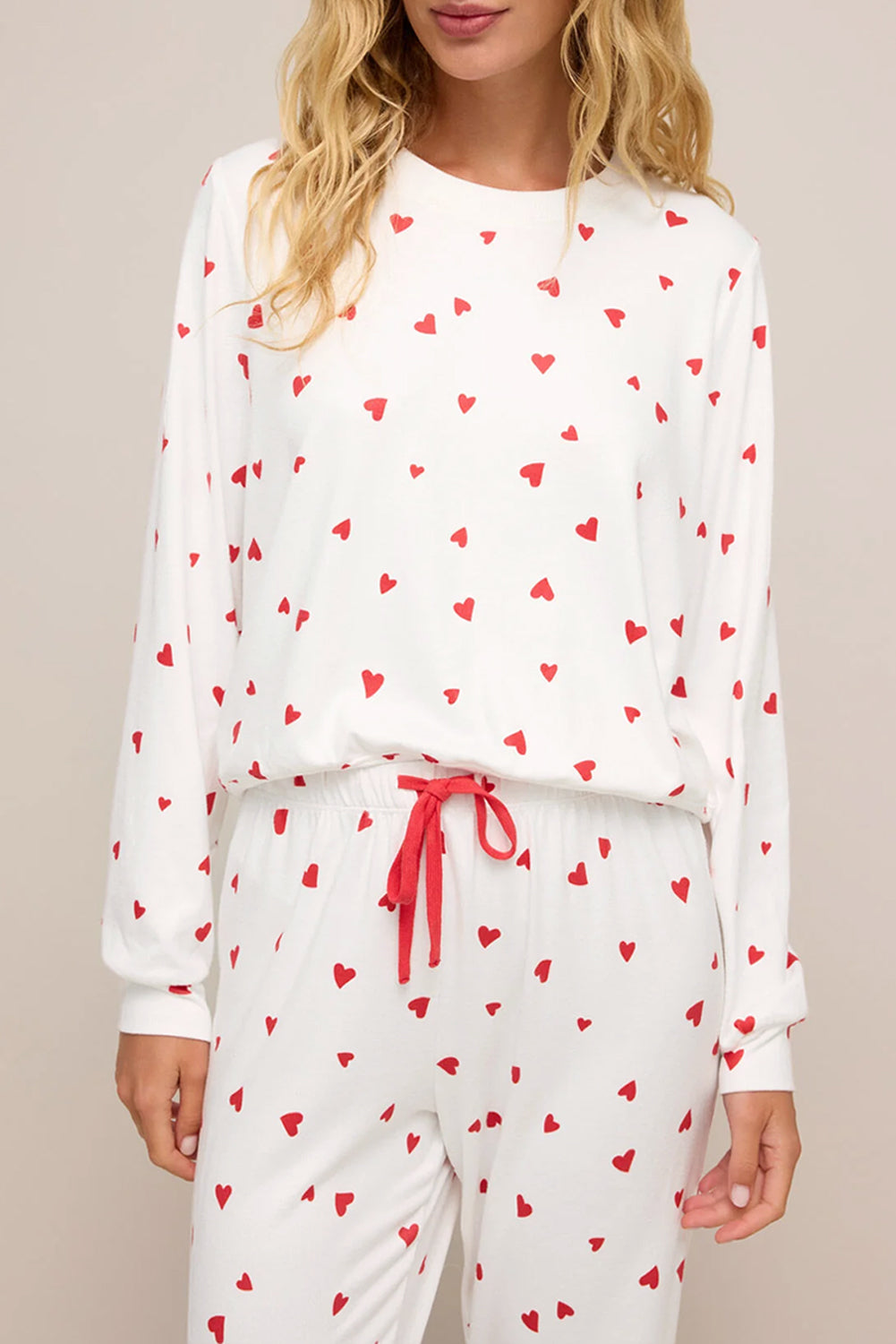 Fiery Red Heart Print Long Sleeve Pullover and Pants Set