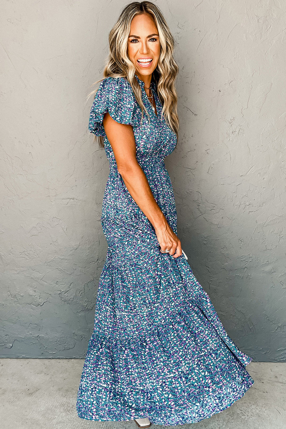Olivia Blue Abstract Print Split V Neck Shirred High Waist Maxi Dress