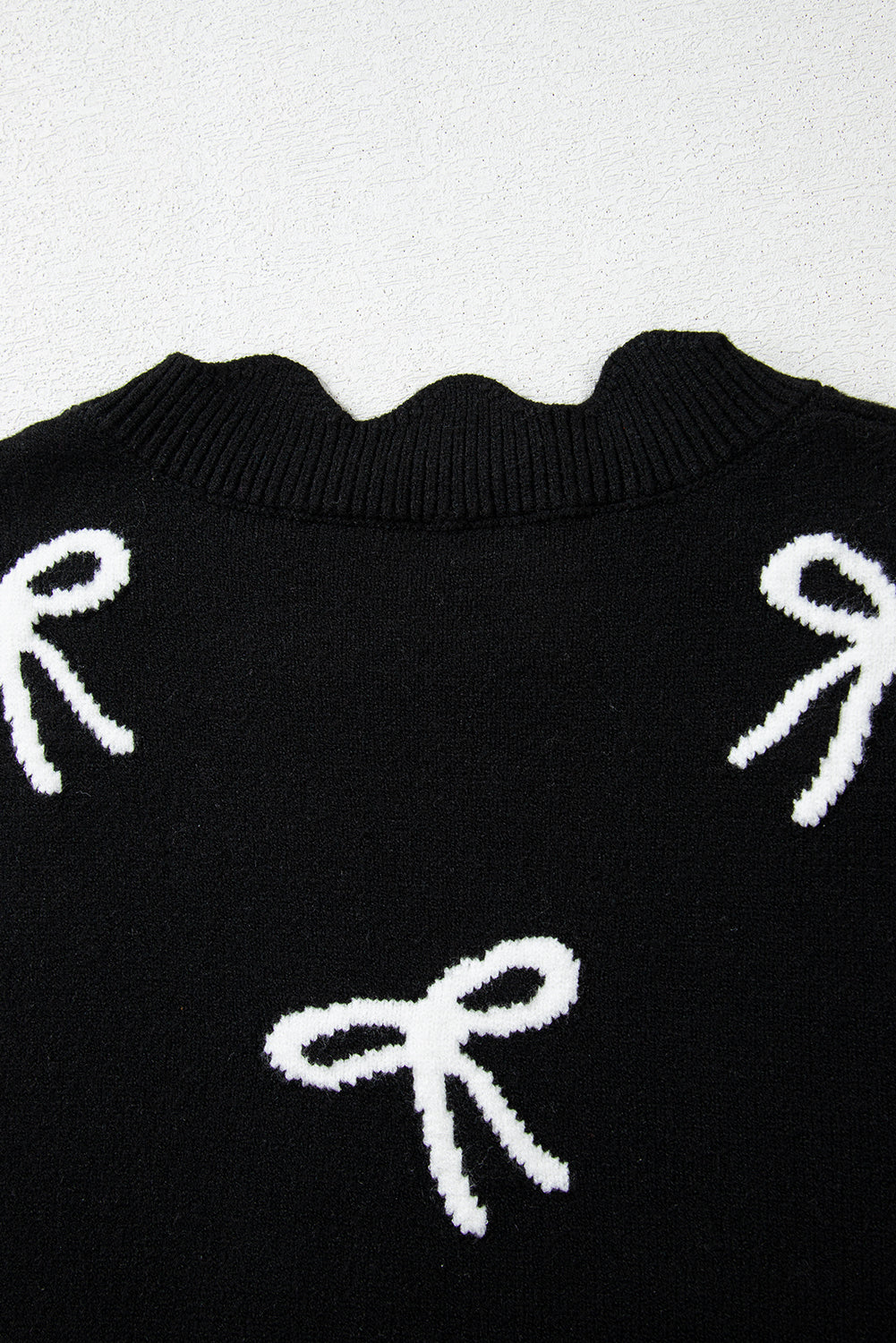 Black Bow Print Side Tie Scalloped Hem Knit Top