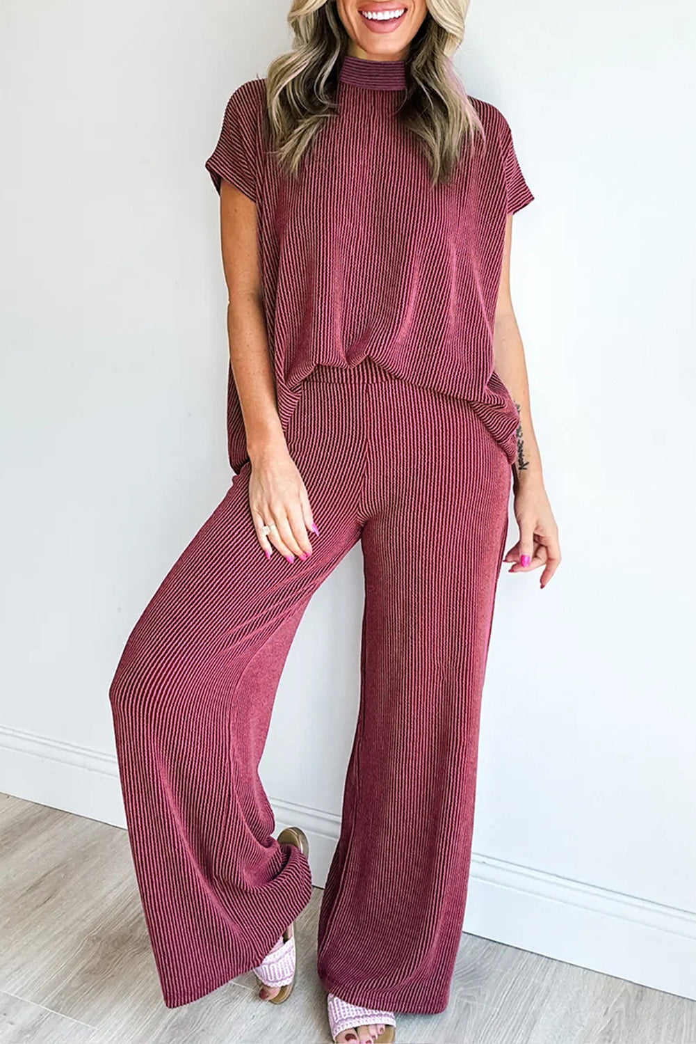Burgundy Twisted Ribbed High Neck Loose Tee Elastic High Waist Loose Pant Set