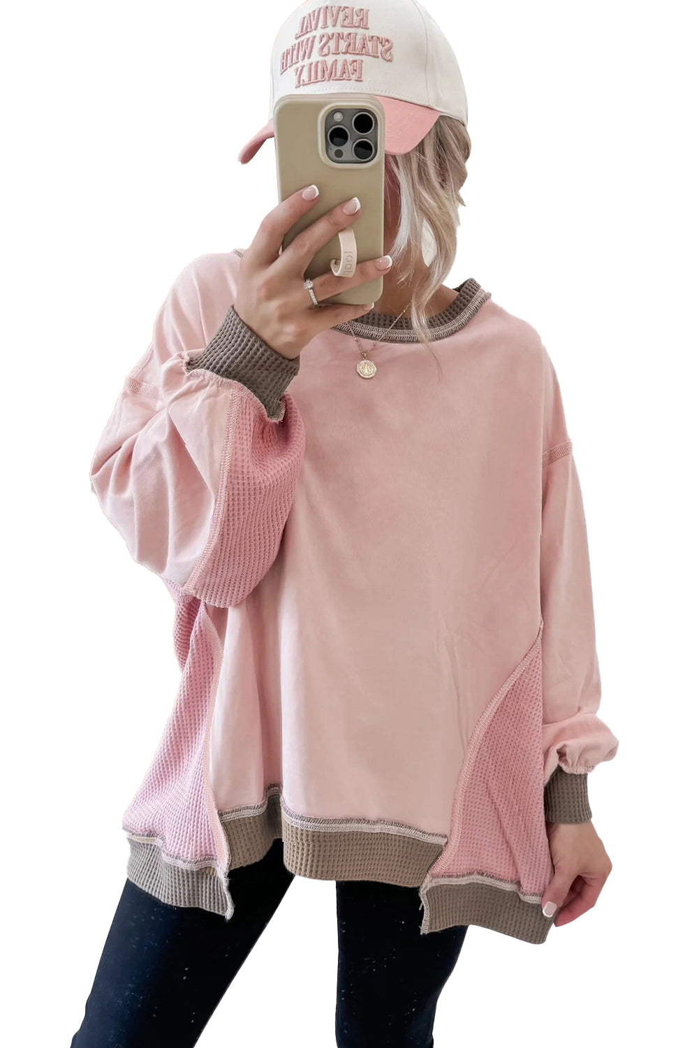 Light Pink Colorblock Waffle Patchwork Oversize Sweatshirt