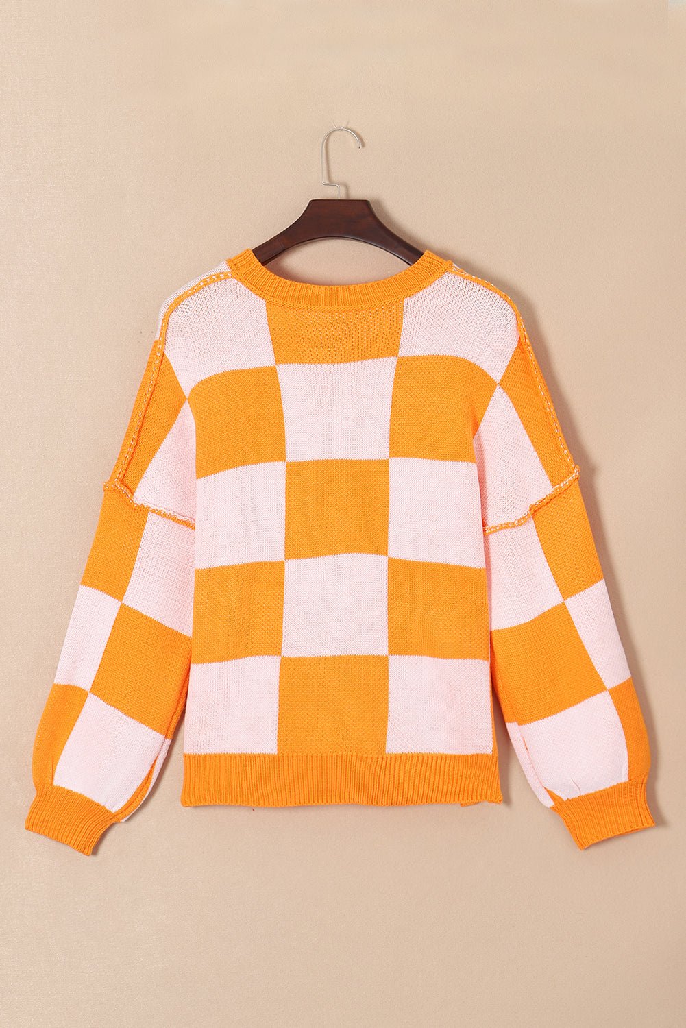 Dark Brown Plaid Bishop Sleeve Pullover Sweater