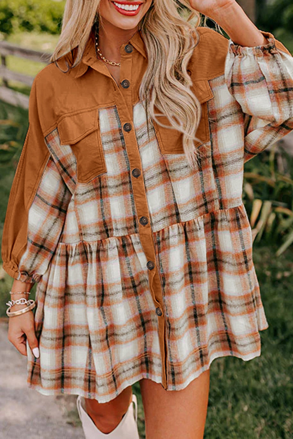 Khaki Plaid Colorblock Patchwork Ruffle Hem Tunic Shirt Dress