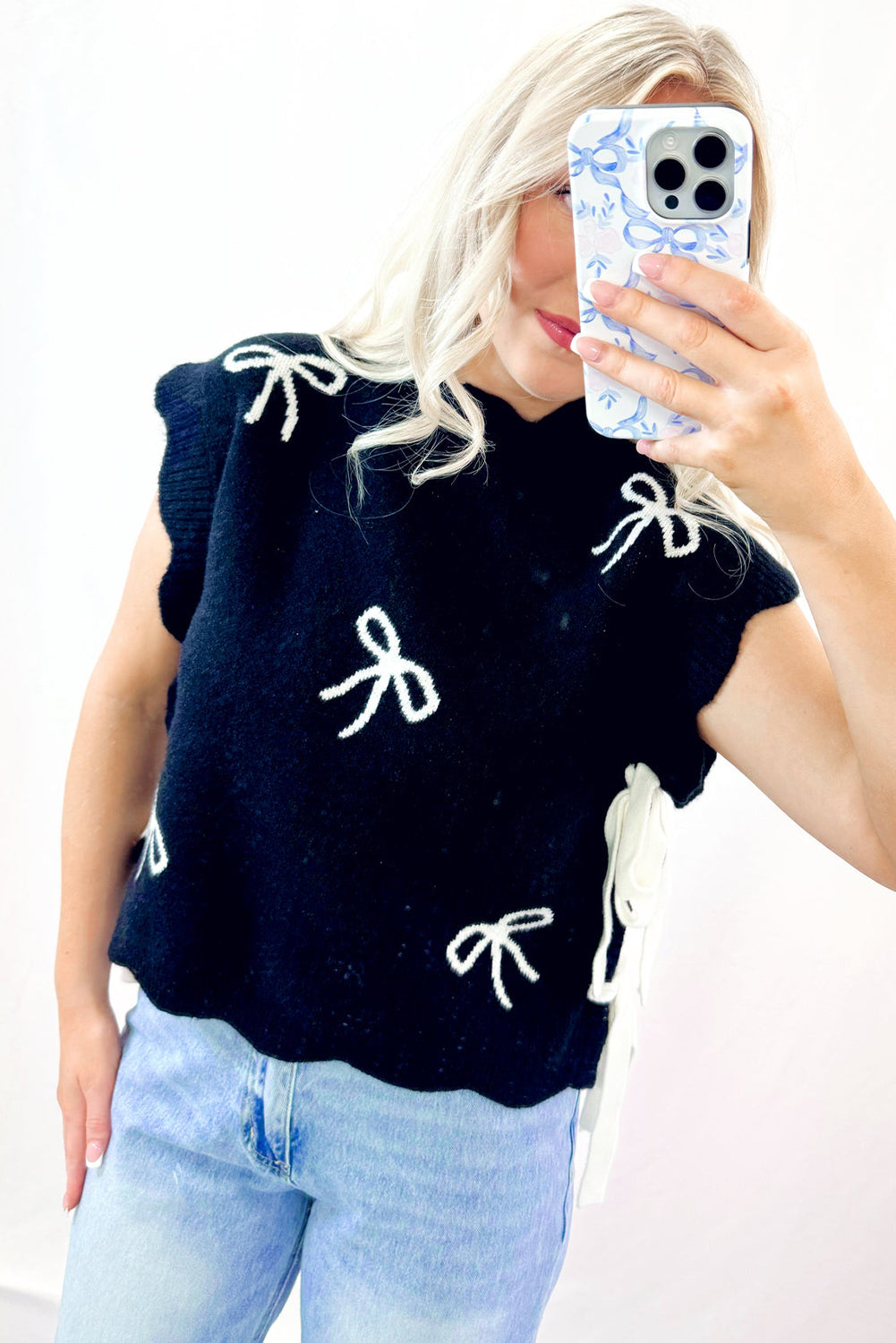 Black Bow Print Side Tie Scalloped Hem Knit Top