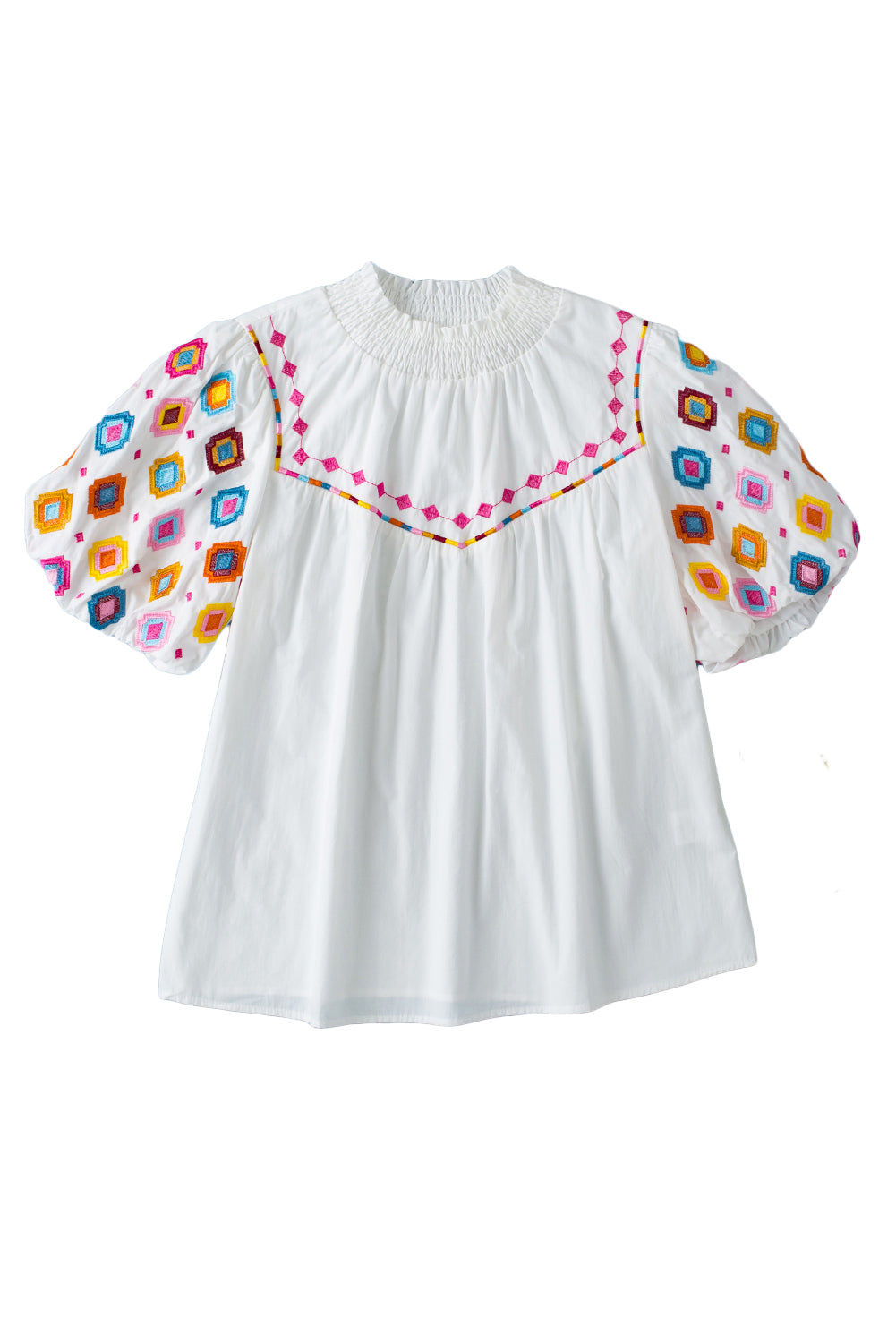 Wholesale Black Geometric Embroidered Smocked Neck Puff Sleeve Top