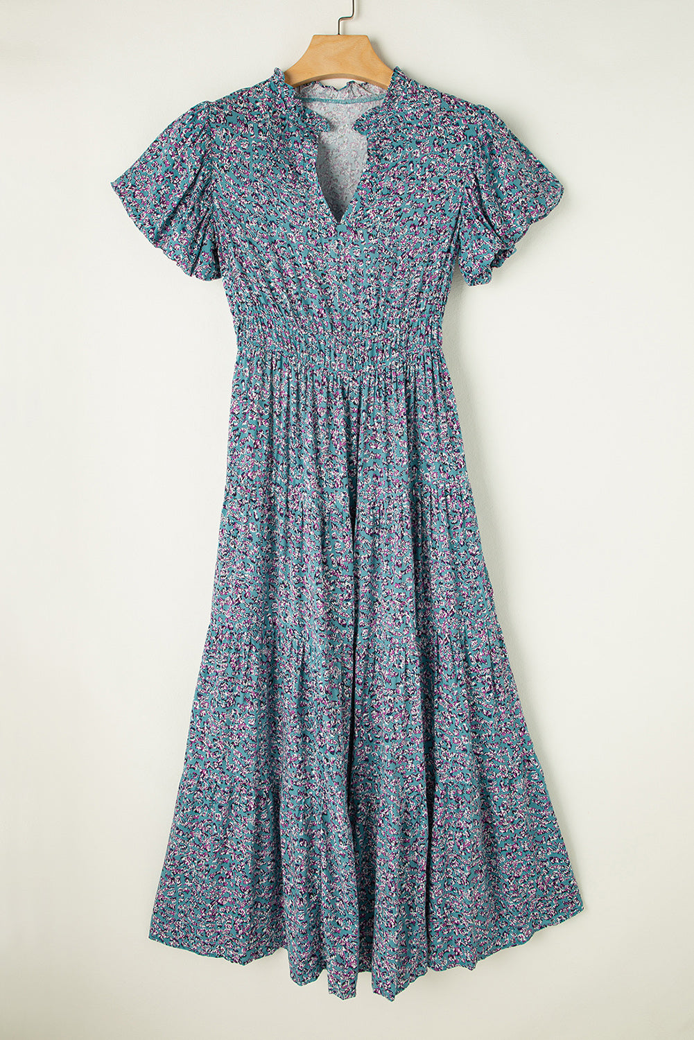 Olivia Blue Abstract Print Split V Neck Shirred High Waist Maxi Dress