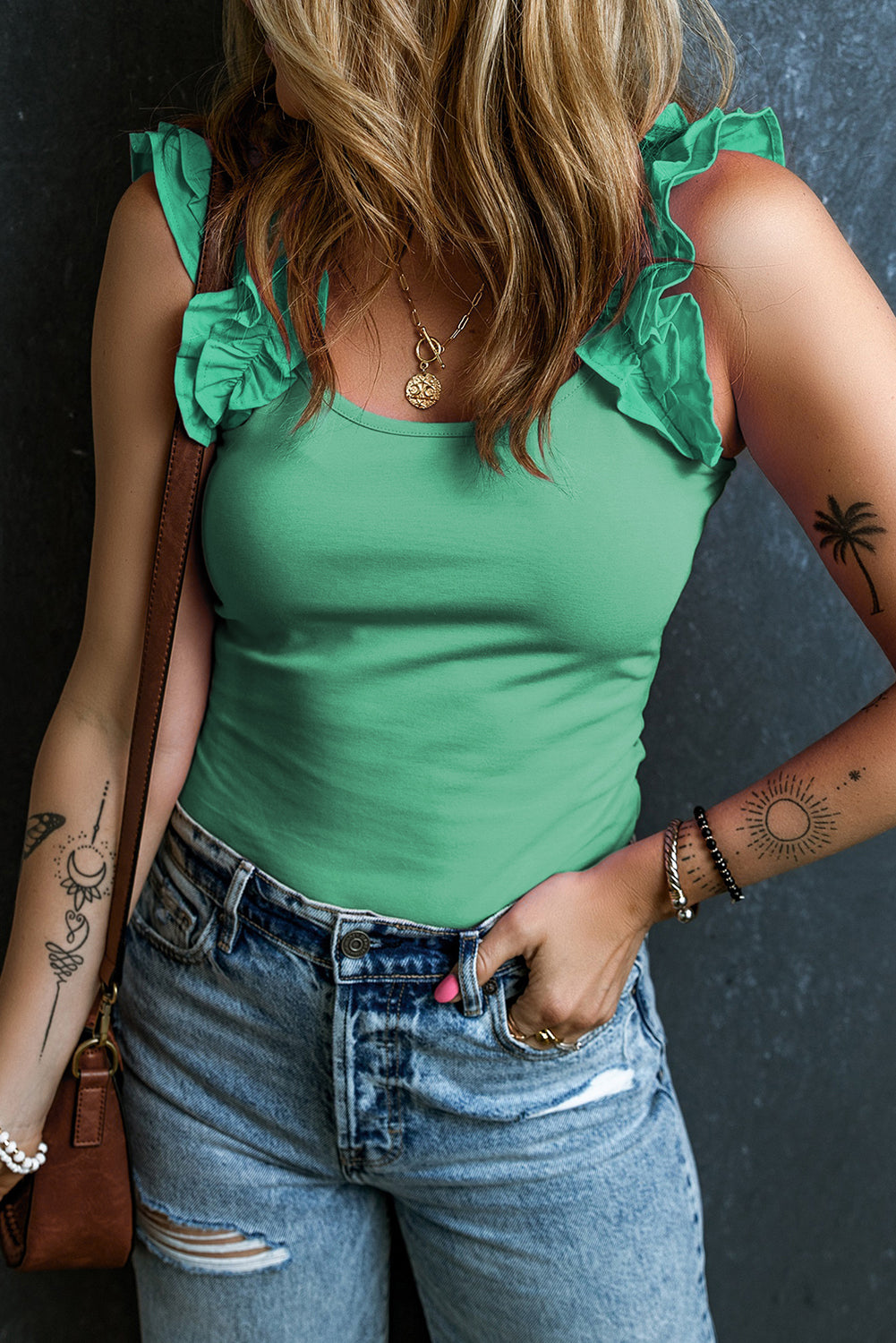 Mint Green Solid Color Ruffle Tank Top