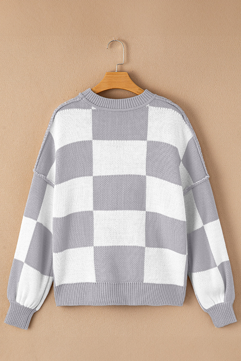 Dark Brown Plaid Bishop Sleeve Pullover Sweater