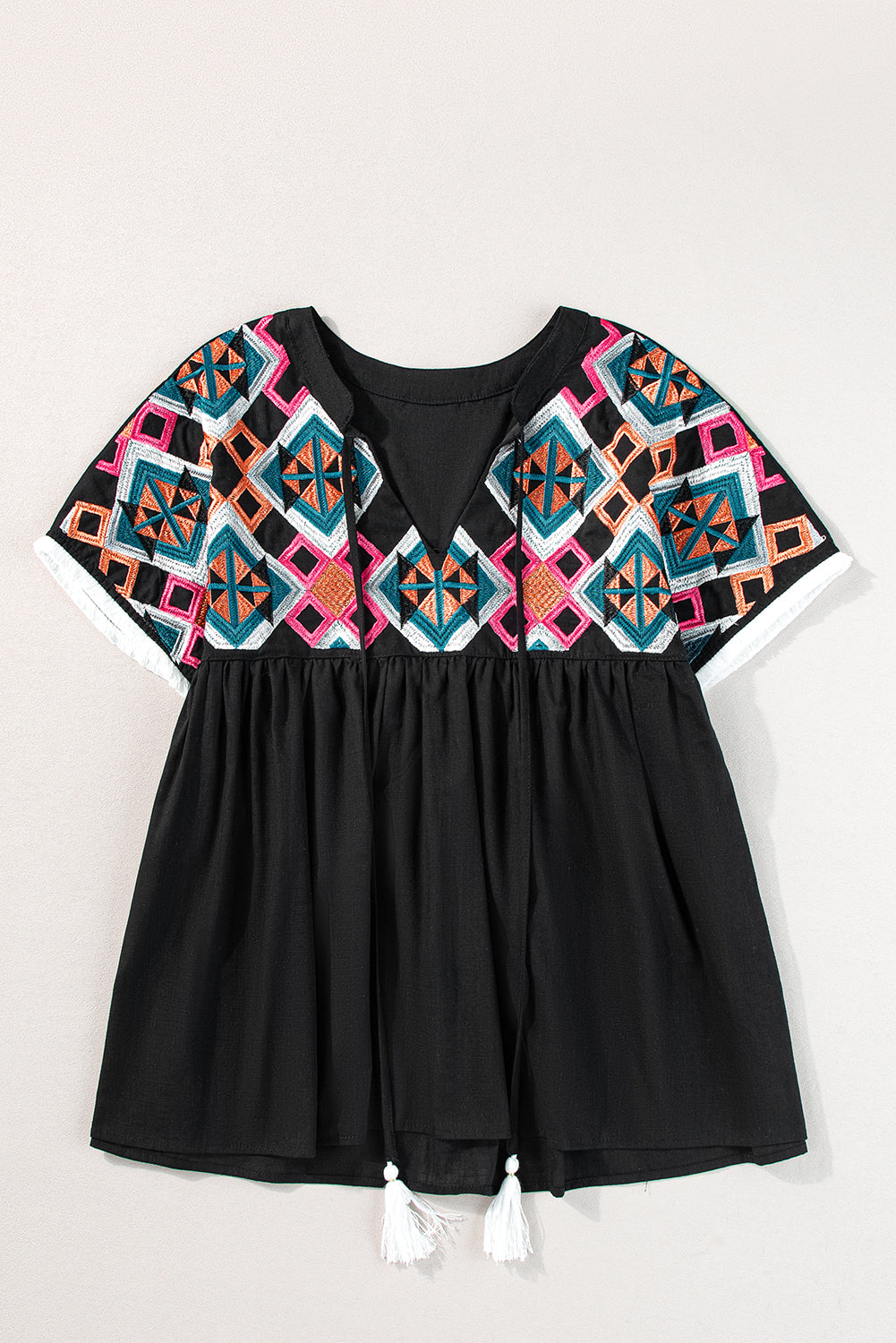 Wholesale Black Geometric Embroidered Smocked Neck Puff Sleeve Top