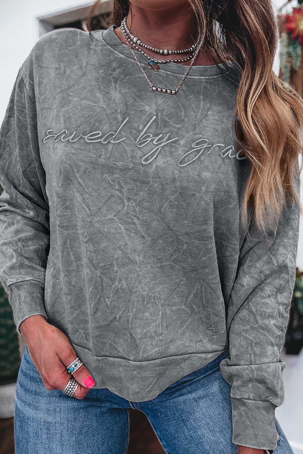 Sea Green saved by grace Letter Embroidery Mineral Wash Loose Sweatshirt