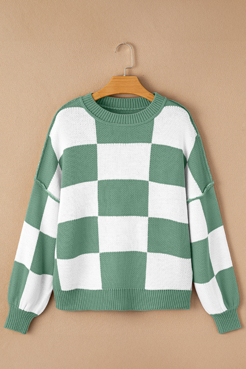 Dark Brown Plaid Bishop Sleeve Pullover Sweater