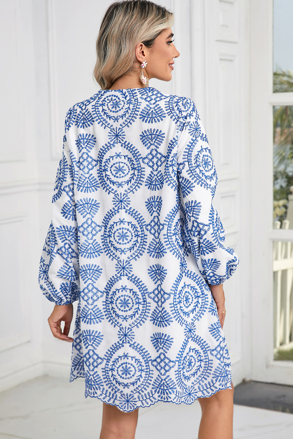 Annie Blue Boho Floral Embroidered Notch V Neck Mini Dress