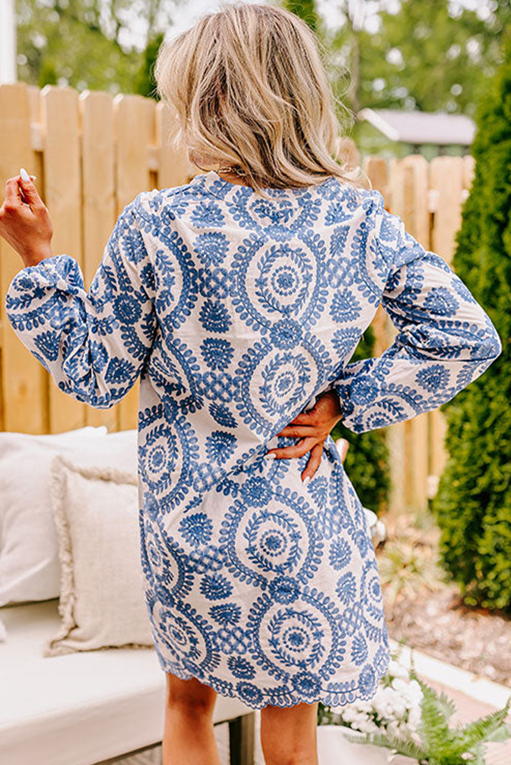 Annie Blue Boho Floral Embroidered Notch V Neck Mini Dress