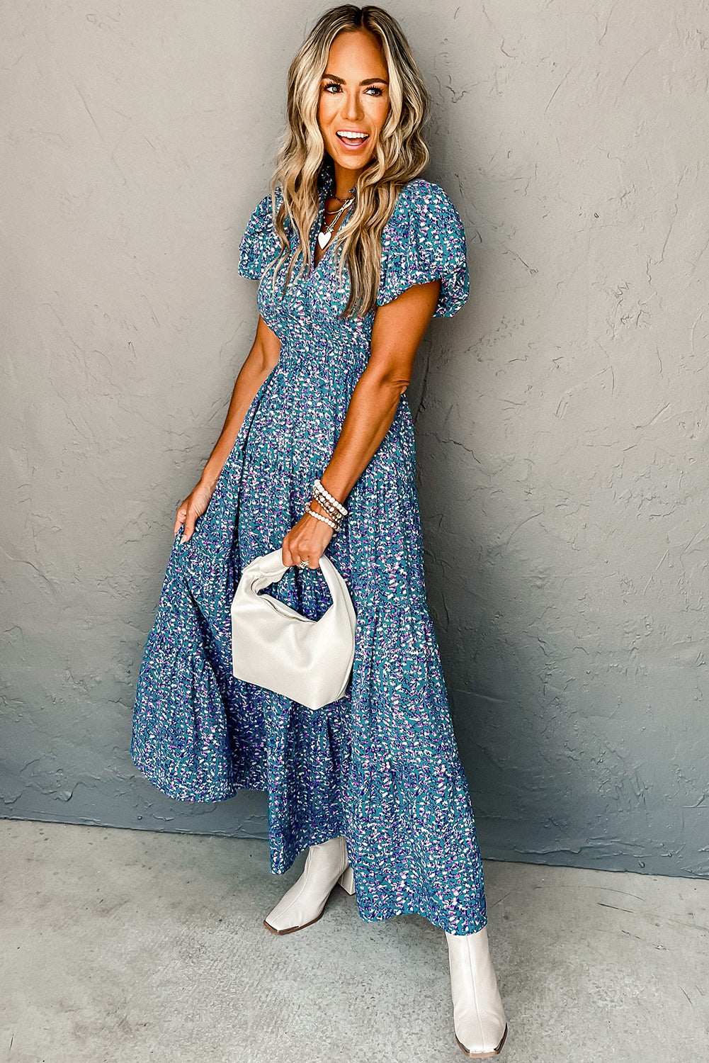 Olivia Blue Abstract Print Split V Neck Shirred High Waist Maxi Dress