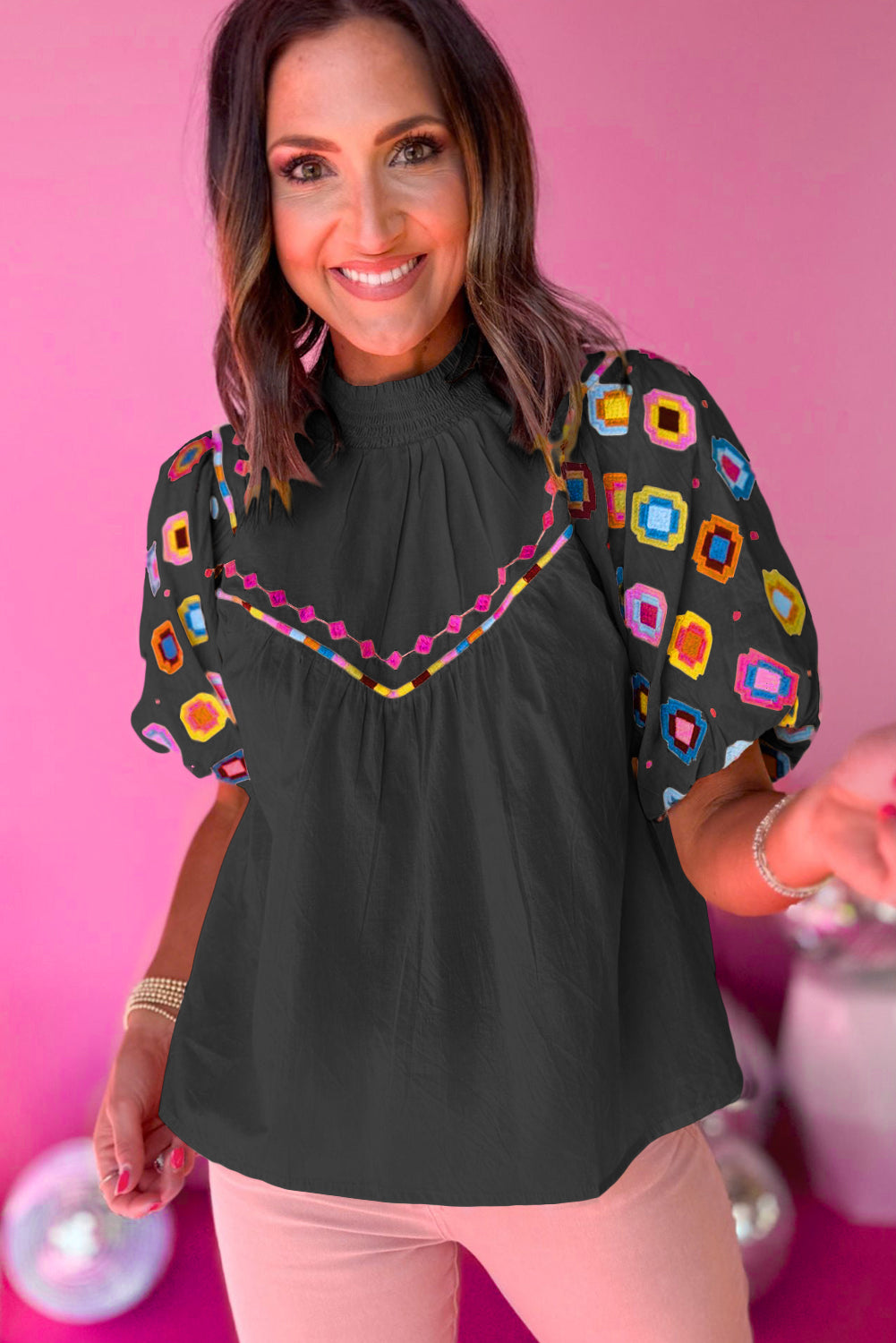 Wholesale Black Geometric Embroidered Smocked Neck Puff Sleeve Top