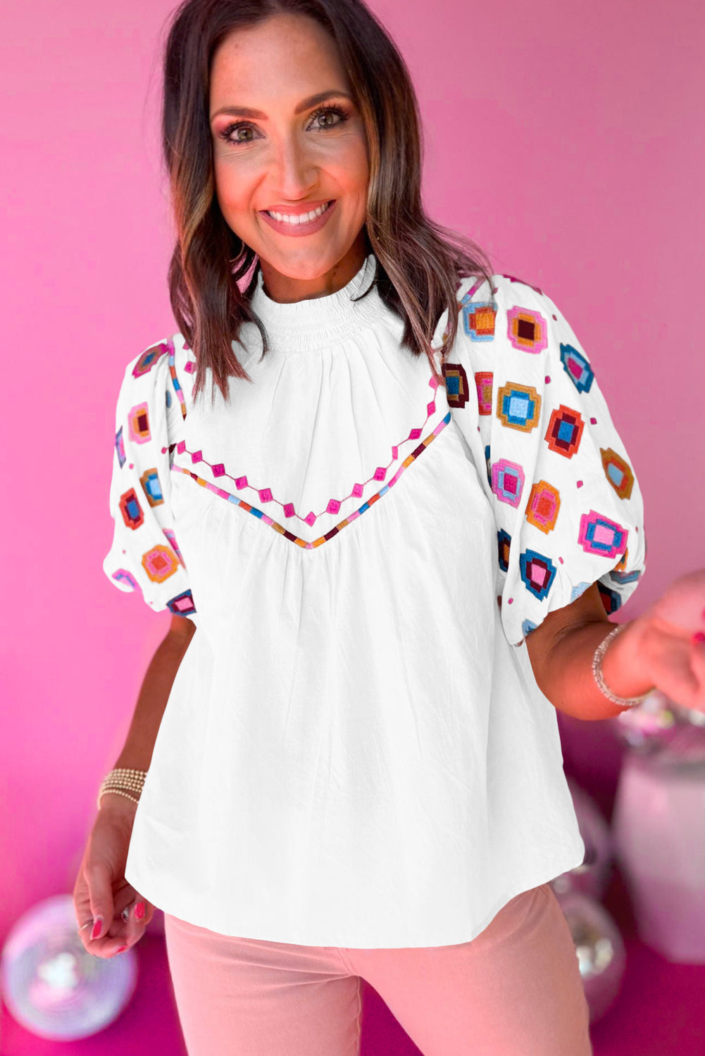 Wholesale Black Geometric Embroidered Smocked Neck Puff Sleeve Top