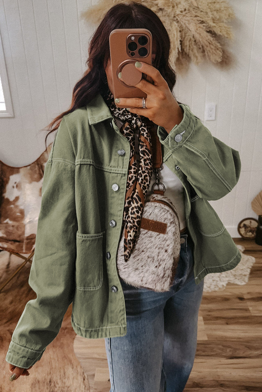 Smoke Green Pocket Collared Button Front Denim Jacket