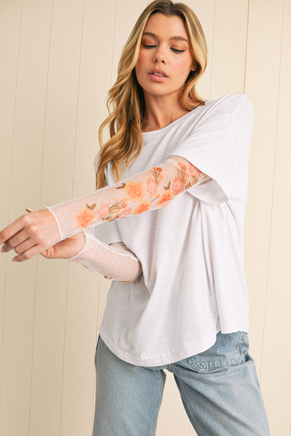Black Floral Mesh Sleeve Fake Two-Piece Top