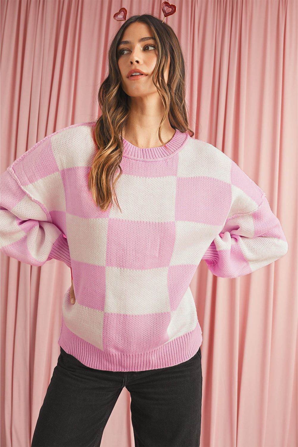 Dark Brown Plaid Bishop Sleeve Pullover Sweater