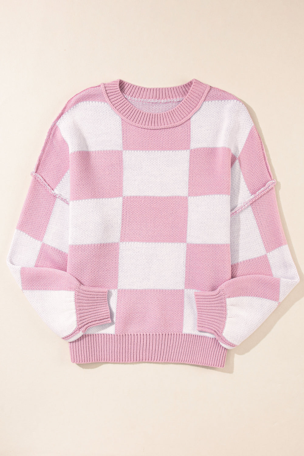 Dark Brown Plaid Bishop Sleeve Pullover Sweater