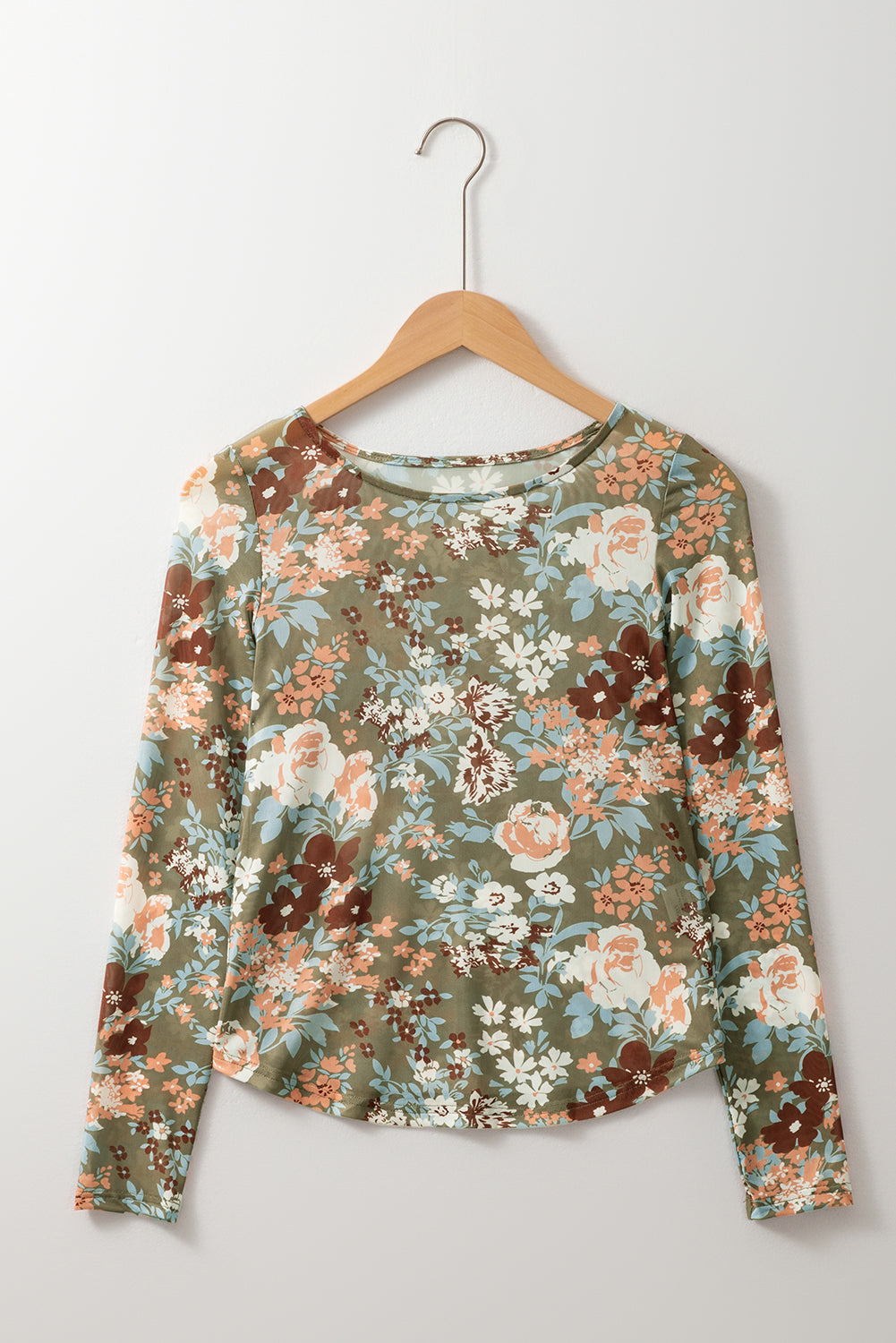 Orchid Petal Allover Floral Print Mesh Long Sleeve Top