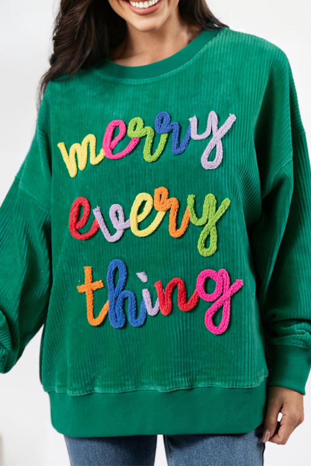 Beige merry everything Letter Graphic Ribbed Loose Sweatshirt