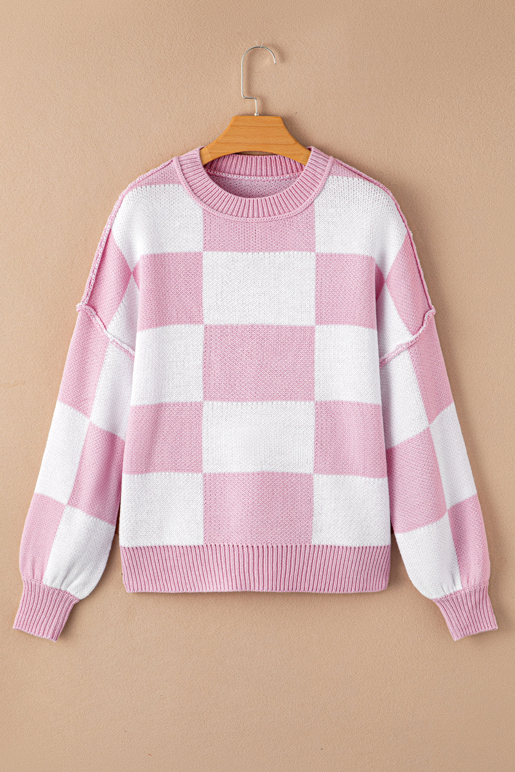 Dark Brown Plaid Bishop Sleeve Pullover Sweater